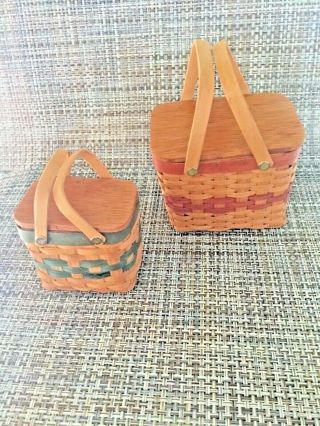2 Vintage Miniature 3” & 4” Picnic Baskets For Dolls Or Teddy Bears