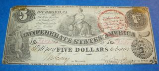 Sept.  2,  1861 Confederate States Five Dollar Note Stamped 1863