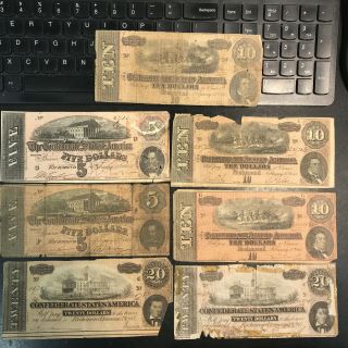 7 1864 Csa Confederate States Of America Notes $5 $10 And $20