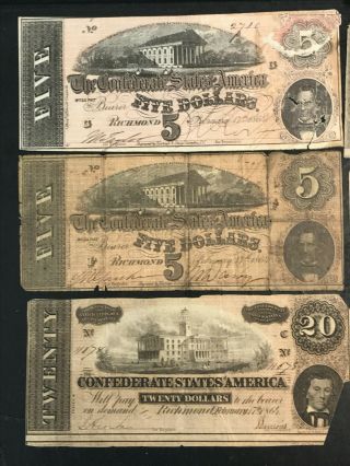 7 1864 CSA Confederate States of America Notes $5 $10 and $20 2