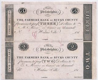 1810’s $2,  $3 Uncut Pair Farmers Bank Of Bucks County,  Hulme Ville,  Pa