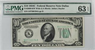 1934 C $10 Federal Reserve Note Dallas Pmg Certified 63 Epq Choice Unc (194a)
