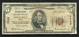 1929 $5 Huntington National Bank Of Columbus,  Oh National Currency Ch.  7745