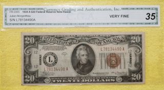 1934 A Wwii Hawaii Emergency Note $20 Silver Certificate Twenty Dollars Vf 35