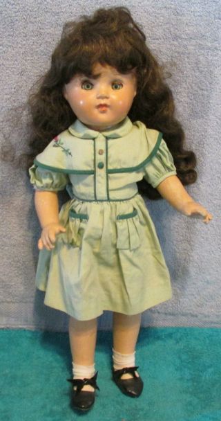 Antique Unmarked All Composition Strung 19 " Doll Vtg Green Dress Gorgeous Doll,