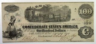 Richmond,  Va.  C.  S.  A.  $100 1862? Confederate Banknote With Stamps On Back