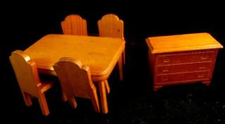 Strombecker Dining Room Set Wood Doll House Furniture Table Chairs Buffet 1940s