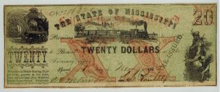 1862 State Of Mississippi $20 Obsolete Currency " Re - Issued "