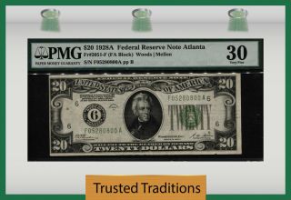 Tt Fr 2051 - F 1928a $20 Federal Reserve Note Atlanta Green Seal Pmg 30 Very Fine