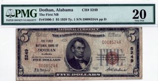$5 1929 National Bank Note Of Dothan Alabama 5249 Pmg Vf 20 Jones Wood Fr 1800 - 1