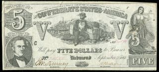 1861 Confederate States Of America $5 Richmond T - 37 Note