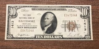1929 $10 National Banknote Currency Baltimore Maryland Corners