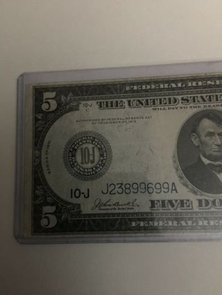 1914 $5 Federal Reserve note Kansas City Missouri.  Large horseblanket size bill. 2