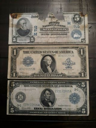 3 - Different Blue Seal Large Size Notes - 1914 $5 Frn - 1923 $1 - 1902 $5 22