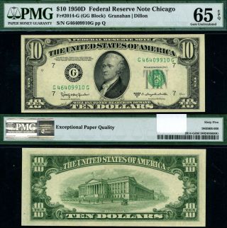 Fr.  2014 G $10 1950 - D Federal Reserve Note Chicago G - G Block Gem Pmg Cu65 Epq