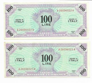 1943 Italy 100 Lire Pair Notes 1943 Allied Military Currency Unc Wwll M15a