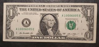 Gem 2013 $1 Fancy Serial Number 10006005 Fed Note Currency Dollar Bill