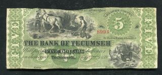 1859 $5 Five Dollars The Bank Of Tecumseh Michigan Obsolete Banknote