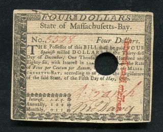 Ma - 281 May 5,  1780 $4 Four Dollars Massachusetts - Bay Colonial Currency (c)