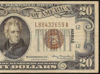 1934 A $20 Dollar Bill Wwii Hawaii Brown Seal Note Currency Paper Money Fr 2305