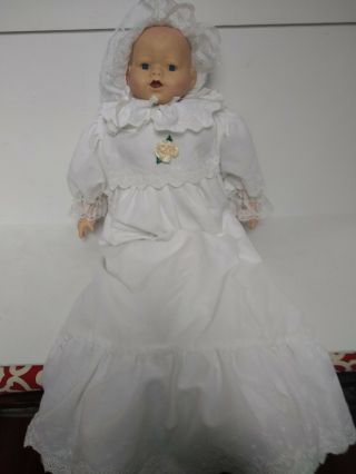 Porcelain Baby Doll In White Layette Blue Eyes 22 "