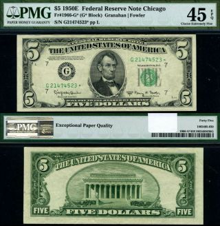 Fr.  1966 G $5 1950 - E Federal Reserve Note Chicago G - Block Choice Pmg Xf45 Epq