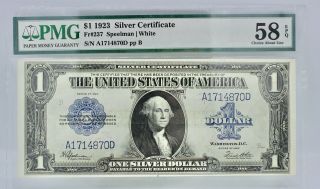 $1.  00 Silver Certificate 1923 Speelman/white Pmg Certified Ch About Unc 58 Epq