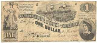 Confederate States Of America,  Cr.  T - 44 - 339 $1 First Ser,  5,  June 2,  1862 F