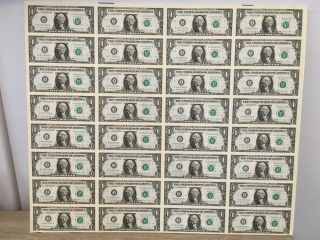 Uncut Sheet Of 32 1988 1 Dollar Notes Uncirculated A - A Block Boston Ma Framed