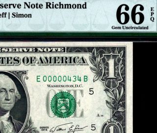 1974 $1 One Dollar Federal Reserve Note Low Serial 00000434 Frn • Pmg 66 Epq