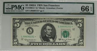 1963 A $5 Federal Reserve Star Note San Francisco Pmg Cert 66 Epq Gem Unc (151