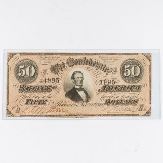 1864 Confederate Fifty ($50) Dollar Bill Richmond Currency T - 66 1995