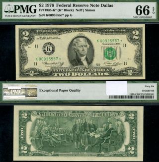 Fr.  1935 K $2 1976 Federal Reserve Note Dallas K - Block Gem Pmg Cu66 Epq Star