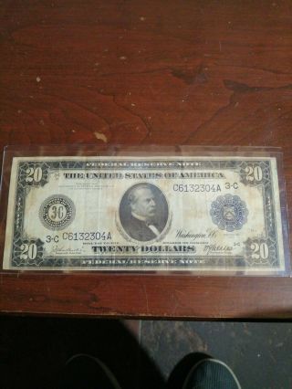 1914 U.  S.  York Blue Seal $20 Twnty Dollar Federal Reserve Note Bill