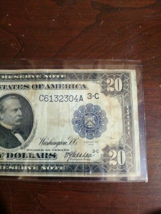 1914 U.  S.  York Blue Seal $20 Twnty Dollar Federal Reserve Note Bill 3
