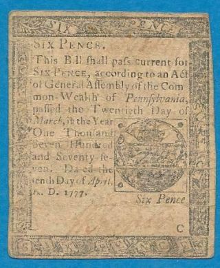 Pa.  211 Six Pence Colonial Currency April,  10th 1777 Average Circulated