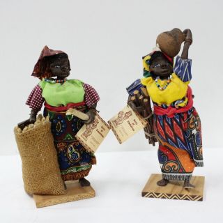 2x Handcrafted Dolls Of Zimbabwe Souvenir Dolls On Wooden Bases 452
