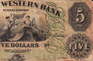Warren,  Pa Pennsylvania $5 1863 North Western Bank Obsolete Note