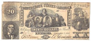 1861 Confederate $20 Bill Dated September 2,  T - 20 Typical