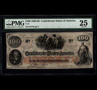 1862 - 1863 One Hundred 100 Dollar T - 41 Confederate Curreny Pmg Civil War Note