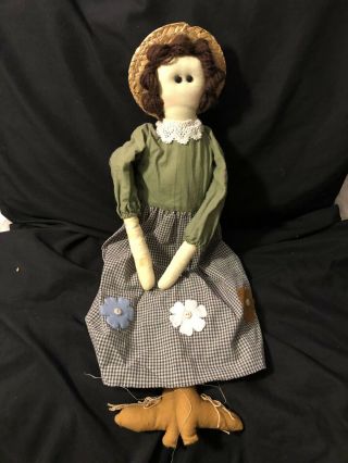 Vtg 21”sitting Country Rag Doll Dressed Homemade Dress