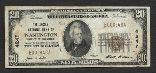 1929 $20 The Lincoln National Bank Of Washington,  Dc 4247 - Vf
