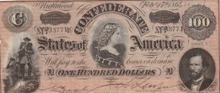 100 Dollars Very Fine Banknote From Confederate States Of America 1864