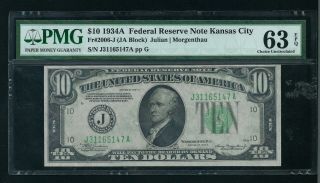 $10 1934a Federal Reserve Note Kansas City Fr 2006 - C Pmg 63 Epq Choice Unc
