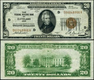 Fr.  1870 D $20 1929 Federal Reserve Bank Note Cleveland D - A Block Vf,