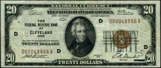 FR.  1870 D $20 1929 Federal Reserve Bank Note Cleveland D - A Block VF, 2