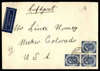 Germany Lubeck January 9 1953 Air Mail Cover Block To Colorado Usa