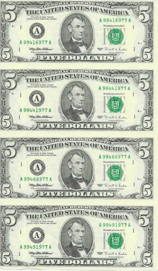 1995 $5 Frn Uncut Sheet Of 4 Bank Notes Boston District Aa Ending Serial 977a