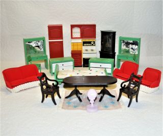 Vintage Dollhouse Wood & Plastic Furniture Sofa Chair Table Cabinets Beds & More