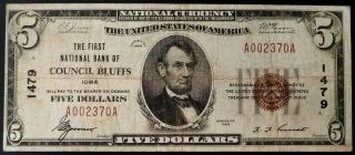 1929 $5 National Currency From The First National Bank Of Council Bluffs,  Iowa